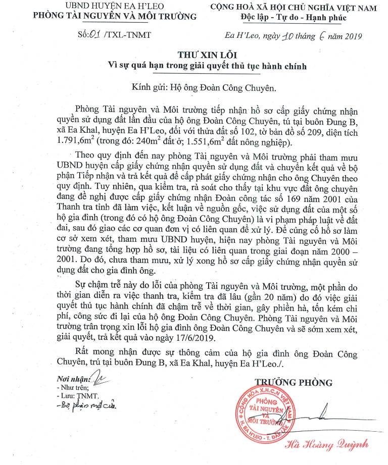 Thư xin lỗi ông Đoàn Công Chuyên vì quá hạn trong giải quyết thủ tục hành chính