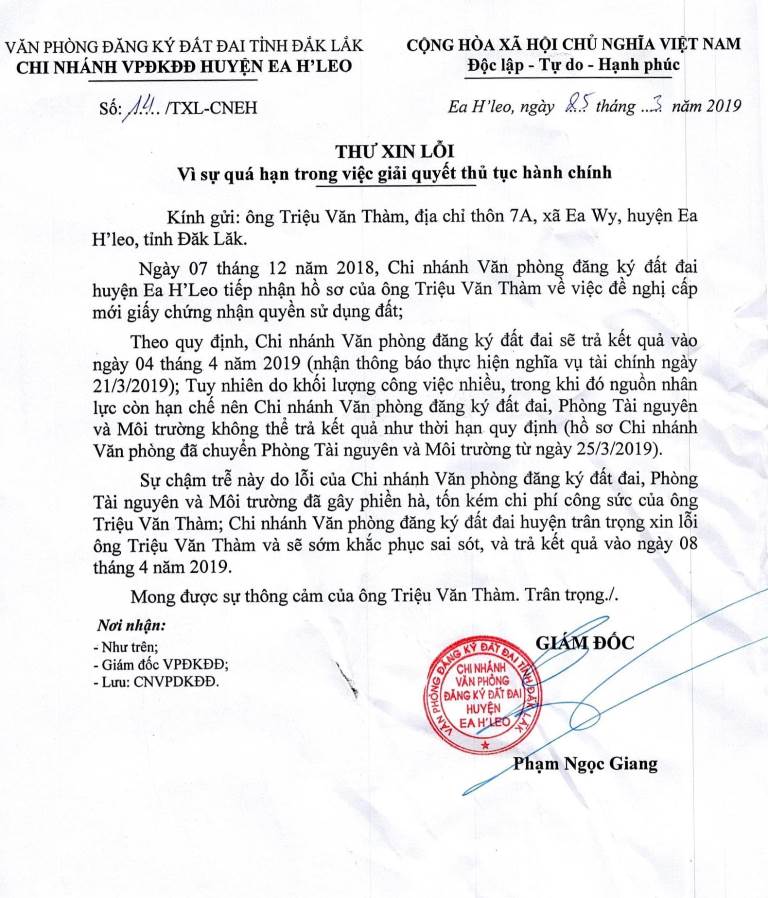 Thư xin lỗi ông Triệu Văn Thàm vì quá hạn trong giải quyết thủ tục hành chính