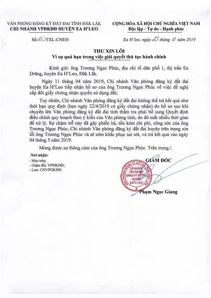 Thư xin lỗi ông Trương Ngọc Phúc vì quá hạn trong giải quyết thủ tục hành chính