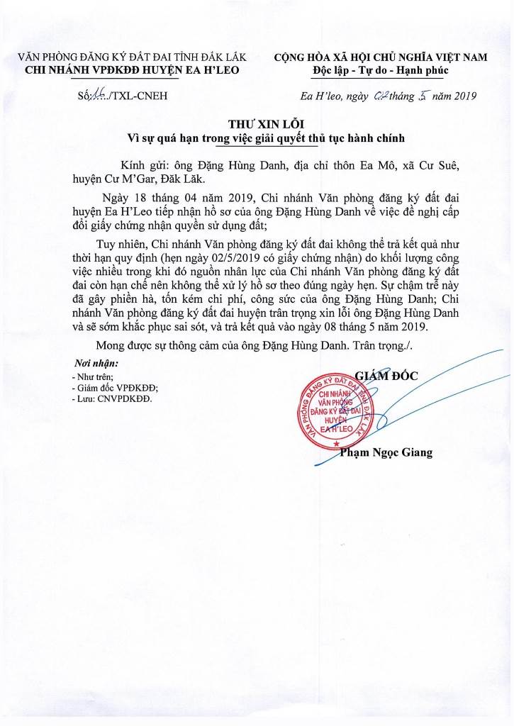 Thư xin lỗi ông Đặng Hùng Danh vì quá hạn trong giải quyết thủ tục hành chính