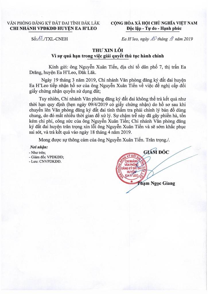 Thư xin lỗi ông Nguyễn Xuân Tiến vì quá hạn trong giải quyết thủ tục hành chính