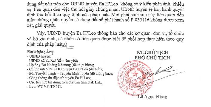 Thông báo về việc giấy chứng nhận quyền sử dụng đất số phát hành P 039116 tại thửa đất số 41, tờ bản đồ số 14, diện tích 5325 m2 cho hộ ông Đỗ Hoàng Khương và bà Thái Thị Song tại thôn 1, xã Ea Ral, được UBND huyện Ea H’leo cấp không đúng đối tượng, không đúng vị trí