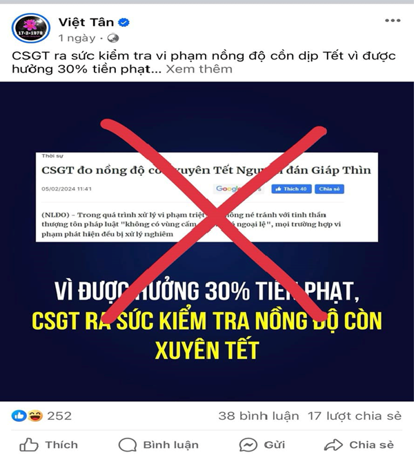 Việt Tân xuyên tạc việc “Lực lượng Cảnh sát Giao thông làm xuyên Tết vì được hưởng 30% tiền phạt”