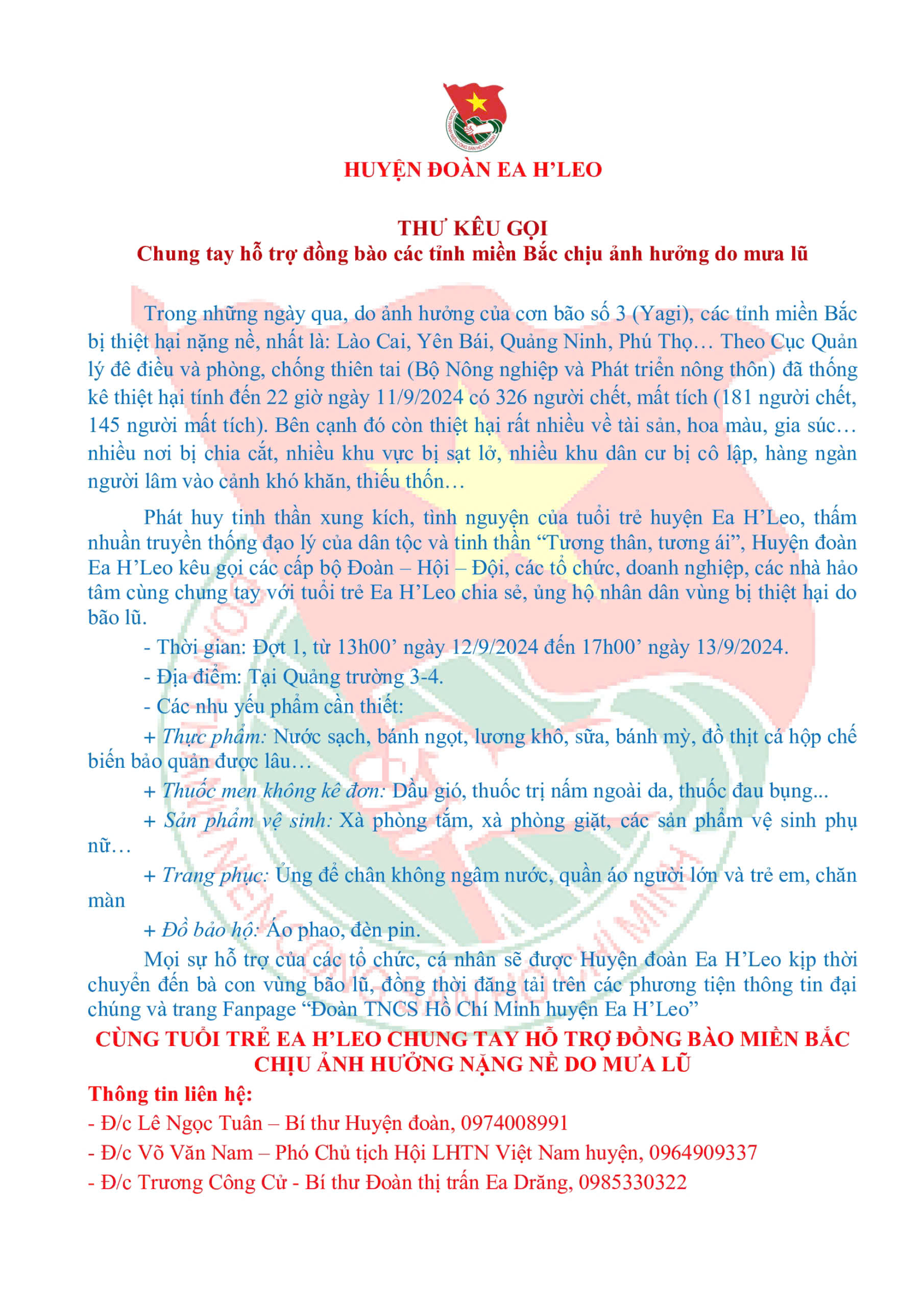 Huyện Đoàn  Ea H’Leo: Kêu gọi chung tay hỗ trợ đồng bào các tỉnh miền bắc chịu ảnh hưởng do mưa lũ