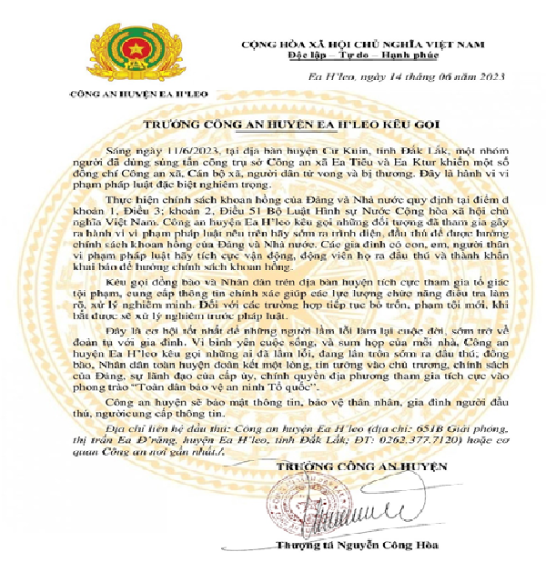 TRƯỞNG CÔNG AN HUYỆN EA H’LEO KÊU GỌI ĐẦU THÚ