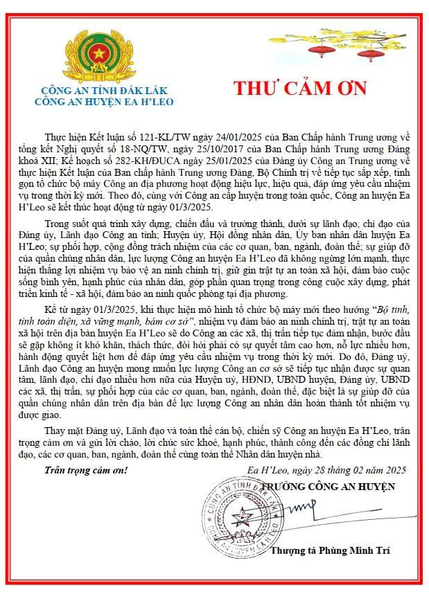 THƯ CẢM ƠN